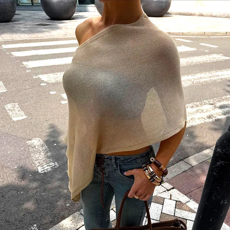 Women Sheer Knit Poncho Lightweight Shrug Pullover Shawl Top Off Shoulder Knitted Cover Up Tops Summer Holiday Beachwear