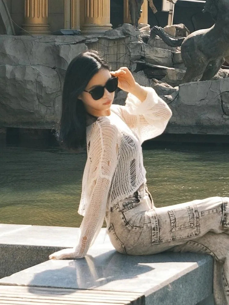 Y2K Hollow-Out Crop Sweater