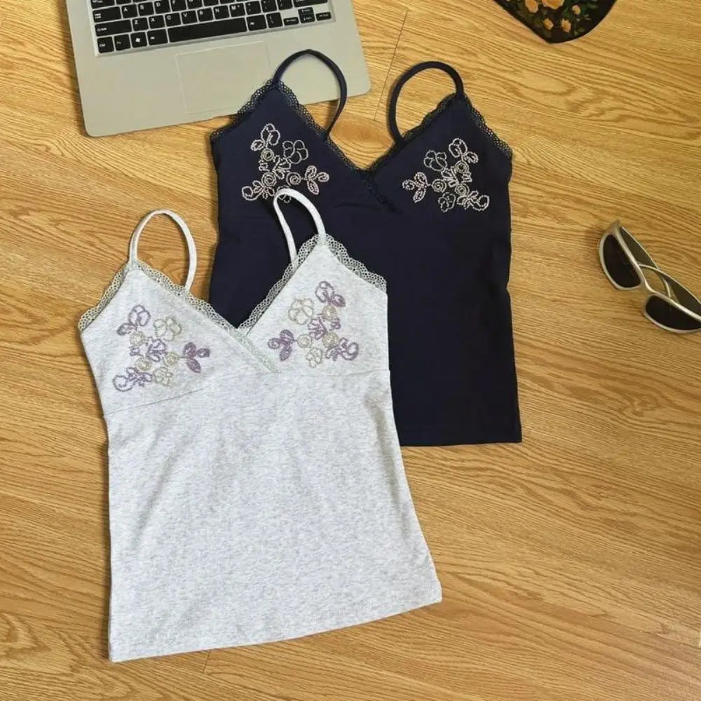 Floral Embroidery Lace Camisole Sleeveless Slim Fit Off Shoulder Camisole Stretchy Rhinestone Lace Top for Fashionable Girls