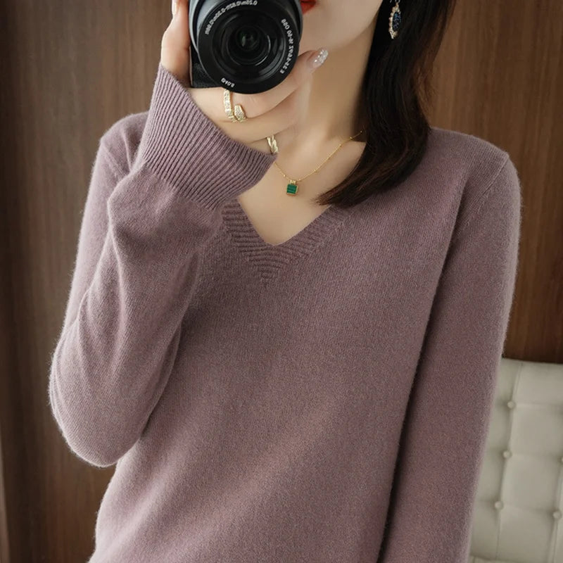 Lace-Neck Hollow-Out V-Neck Knit Pullover