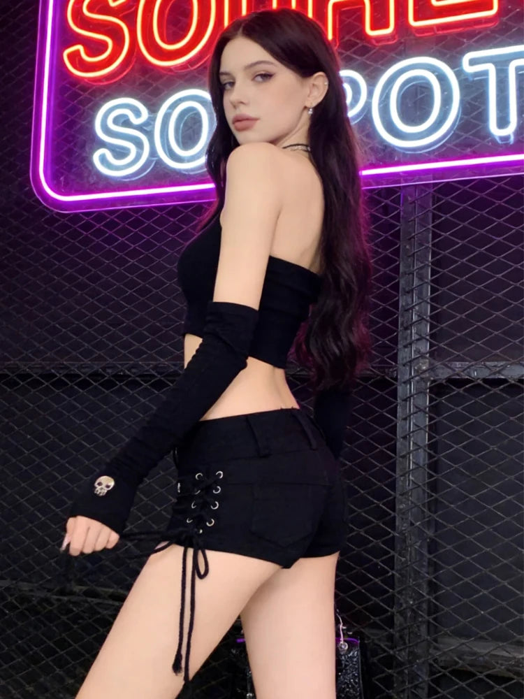 Black Gothic High-Waist Denim Shorts
