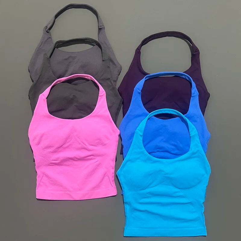HISTELLO Impact Halter Top Seamless Longline Strappy Gym Tank Top Women Yoga Clothing Workout Fitness Sportswear Pilates Vest