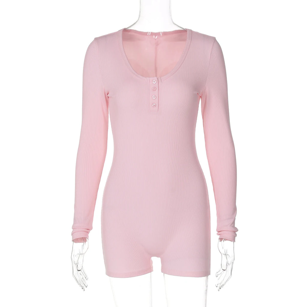 Hugcitar Spring Ribbed Solid Square Collar Long Sleeve Buttons Sexy Bodycon Skinny Playsuit Women Casual Romper Streetwear Sport