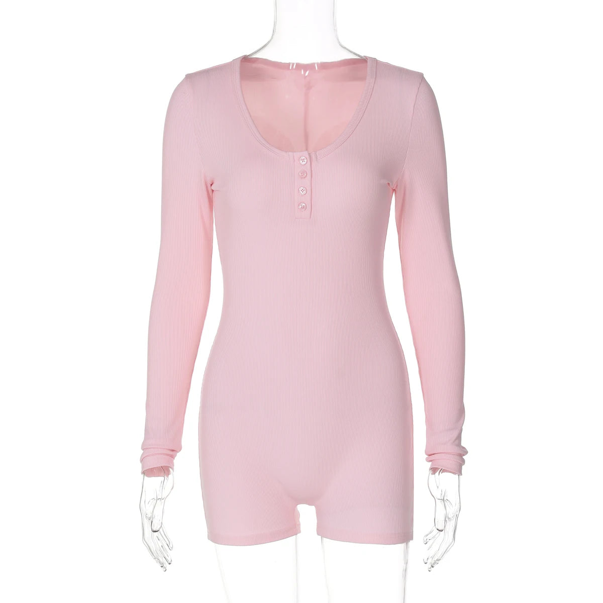 Hugcitar Spring Ribbed Solid Square Collar Long Sleeve Buttons Sexy Bodycon Skinny Playsuit Women Casual Romper Streetwear Sport
