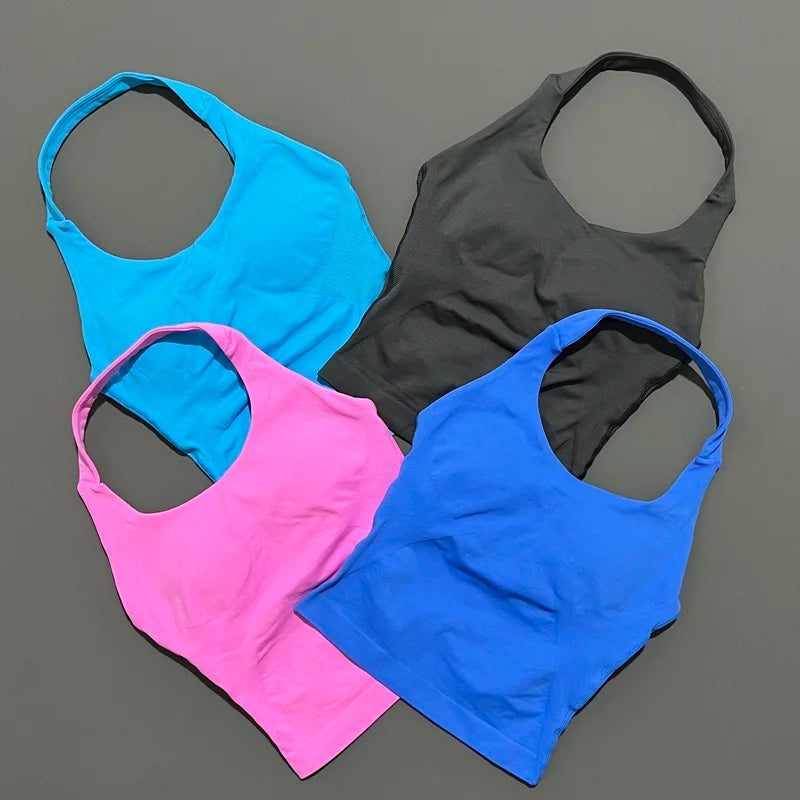 HISTELLO Impact Halter Top Seamless Longline Strappy Gym Tank Top Women Yoga Clothing Workout Fitness Sportswear Pilates Vest