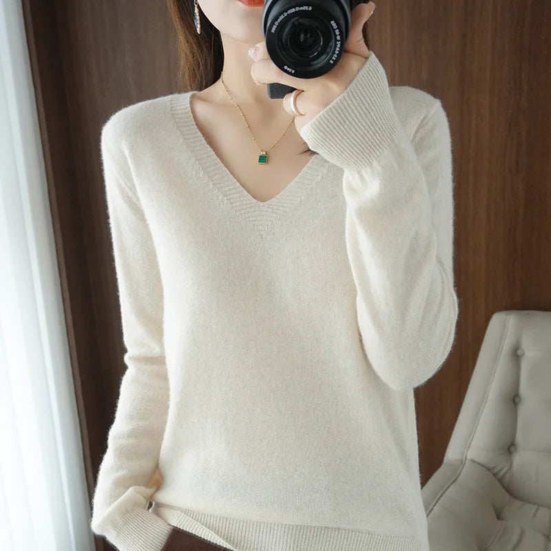 Lace-Neck Hollow-Out V-Neck Knit Pullover