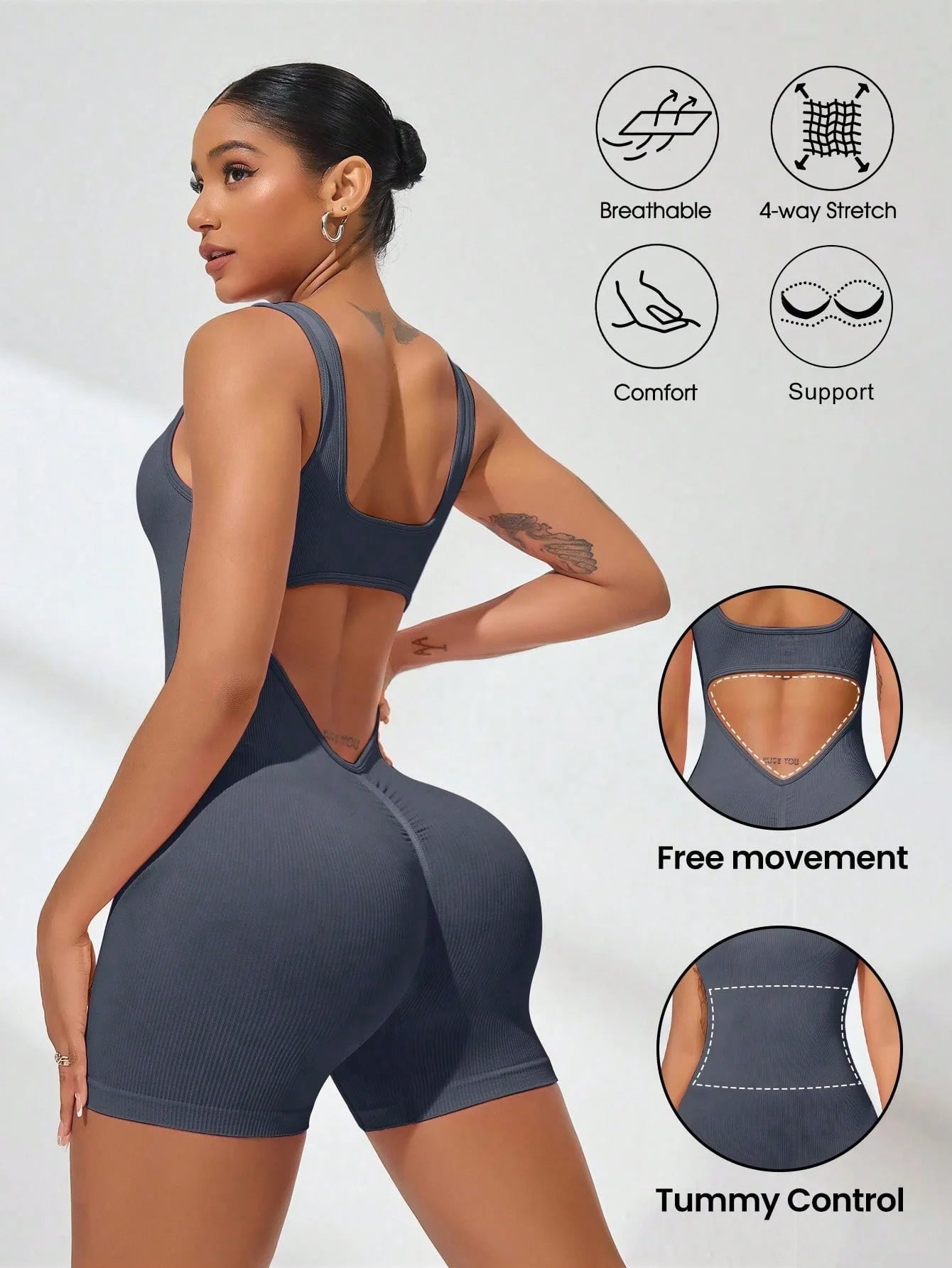 Sexy V Back Scrunch Sports Jumpsuit Women Gym Rompers Sleeveless Sportswear Bodysuits Women Casual One-Piece Suit Yoga Clothing