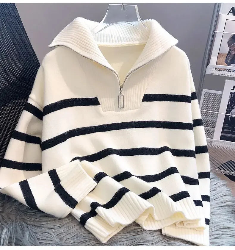 Striped Zip-Collar Knit Pullover