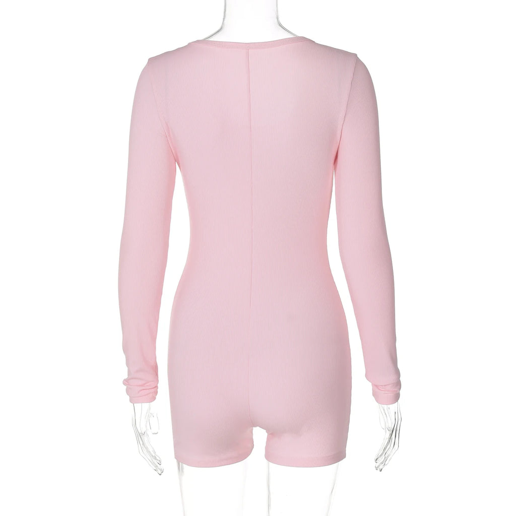 Hugcitar Spring Ribbed Solid Square Collar Long Sleeve Buttons Sexy Bodycon Skinny Playsuit Women Casual Romper Streetwear Sport