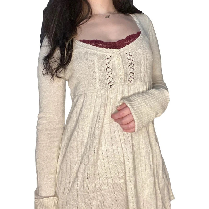 Y2K Babydoll Square-Neck Knit Pullover
