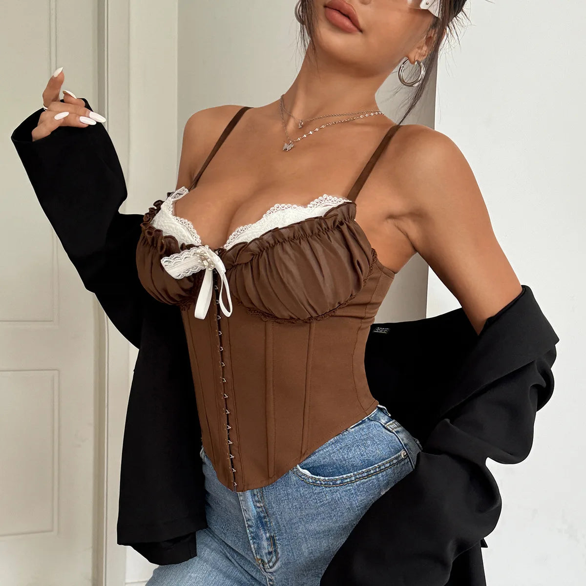 Sexy V Neck Y2K Crop Tops Lace Patchwork Pleated Bowknot Corset Top  Sexy Backless Slim Camisole Body Shape Fishbone Bustier