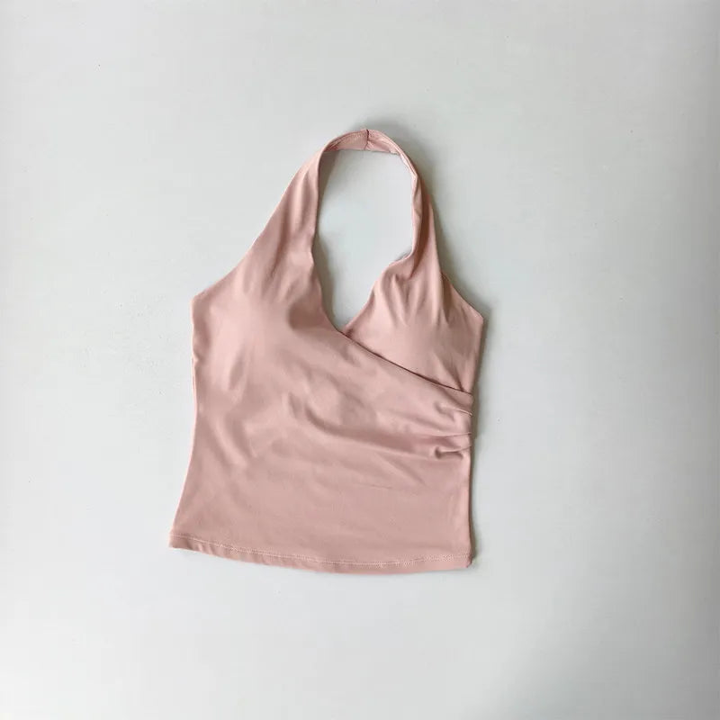 Sexy V-neck Cross Halter Neck with Chest Pad Yoga Vest Sleeveless Naked Sense Sports Fitness Bras Top Outer Wear Beautiful Back