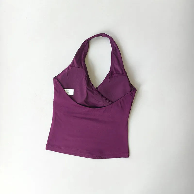 Sexy V-neck Cross Halter Neck with Chest Pad Yoga Vest Sleeveless Naked Sense Sports Fitness Bras Top Outer Wear Beautiful Back