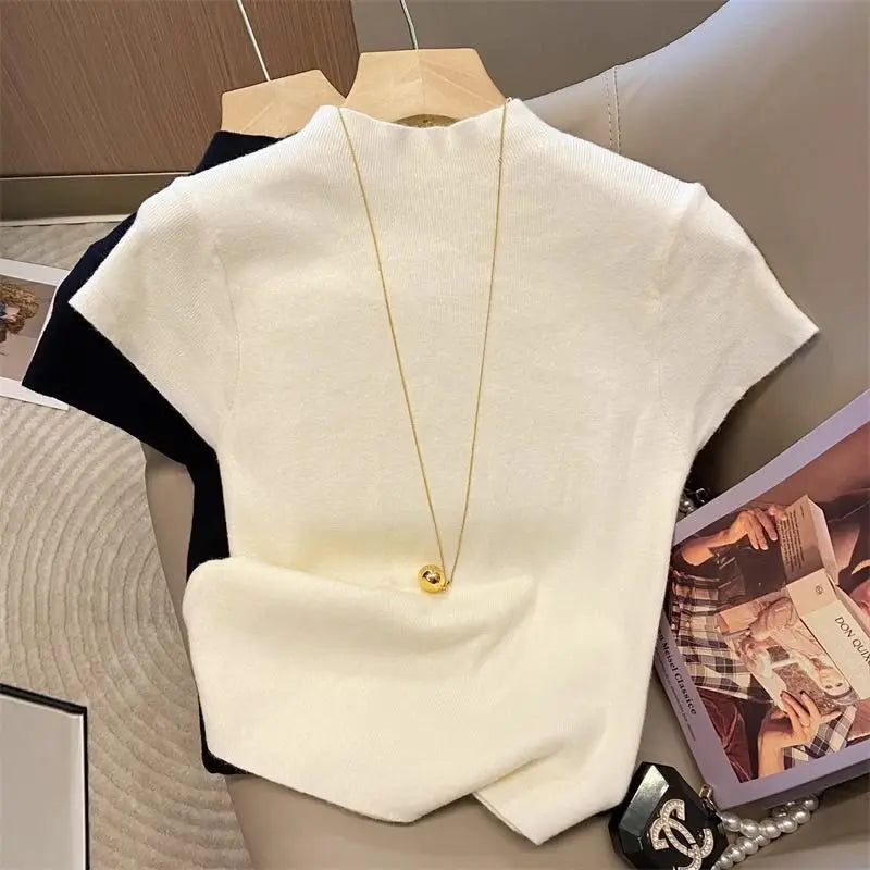 Slim Short-Sleeve Turtleneck Knit Top