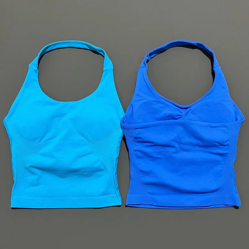 HISTELLO Impact Halter Top Seamless Longline Strappy Gym Tank Top Women Yoga Clothing Workout Fitness Sportswear Pilates Vest