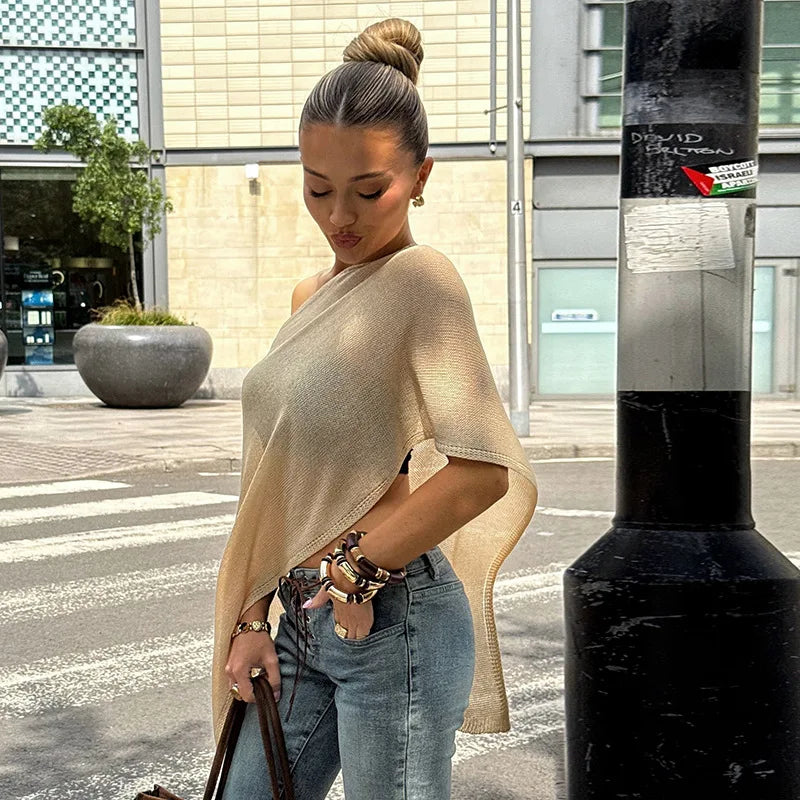 Women Sheer Knit Poncho Lightweight Shrug Pullover Shawl Top Off Shoulder Knitted Cover Up Tops Summer Holiday Beachwear