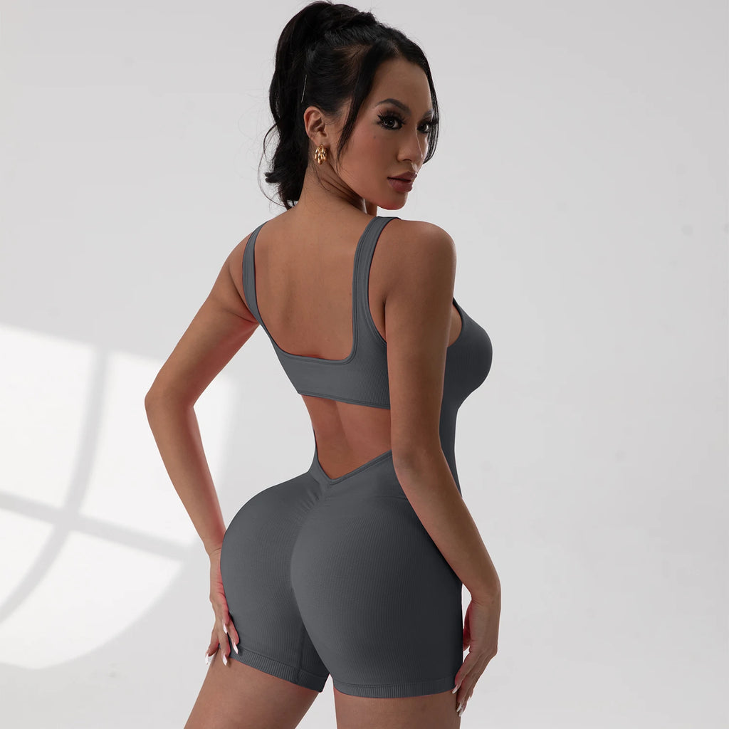 Sexy V Back Scrunch Sports Jumpsuit Women Gym Rompers Sleeveless Sportswear Bodysuits Women Casual One-Piece Suit Yoga Clothing