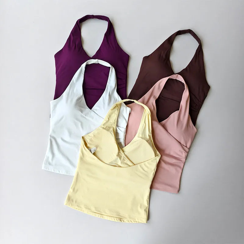 Sexy V-neck Cross Halter Neck with Chest Pad Yoga Vest Sleeveless Naked Sense Sports Fitness Bras Top Outer Wear Beautiful Back