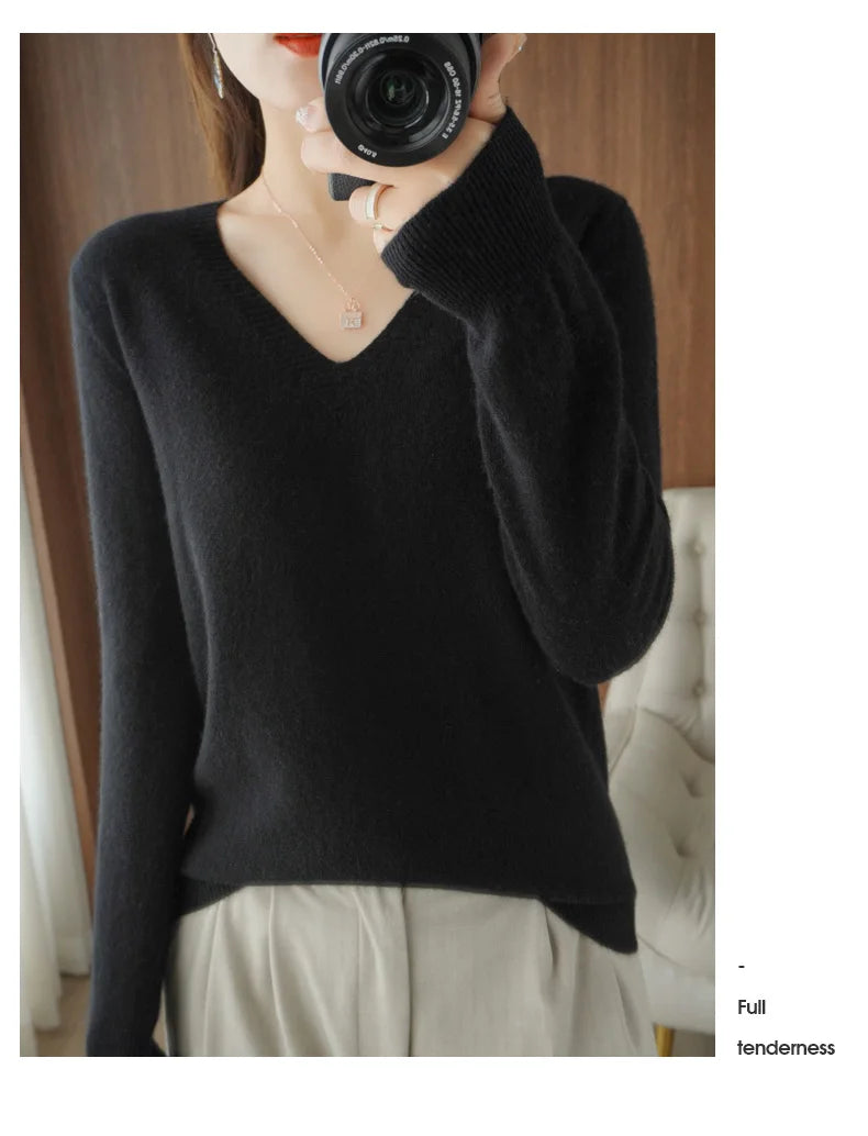 Lace-Neck Hollow-Out V-Neck Knit Pullover
