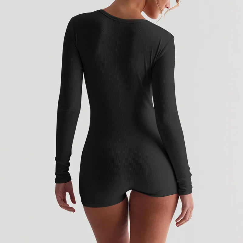 Hugcitar Spring Ribbed Solid Square Collar Long Sleeve Buttons Sexy Bodycon Skinny Playsuit Women Casual Romper Streetwear Sport