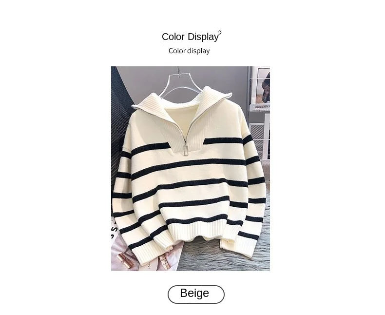 Striped Zip-Collar Knit Pullover