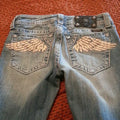 American Vintage Y2K Rhinestone Wing Embroidered Jeans Womens Blue Low Rise Flared Denim Pants with Studded Pockets Streetwear