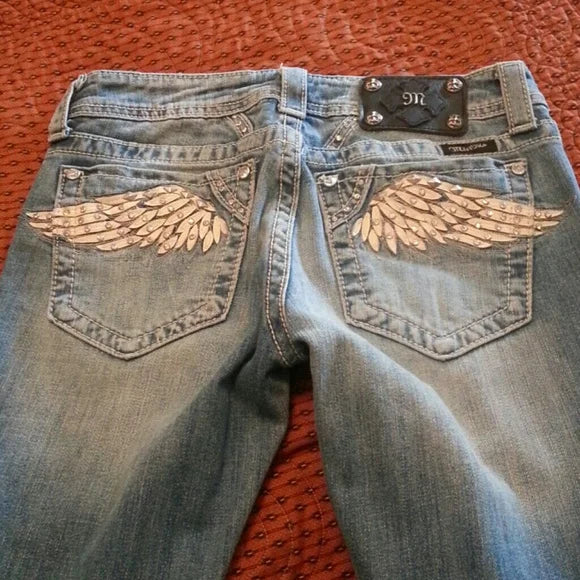 Rhinestone Wing Embroidered Flare Jeans