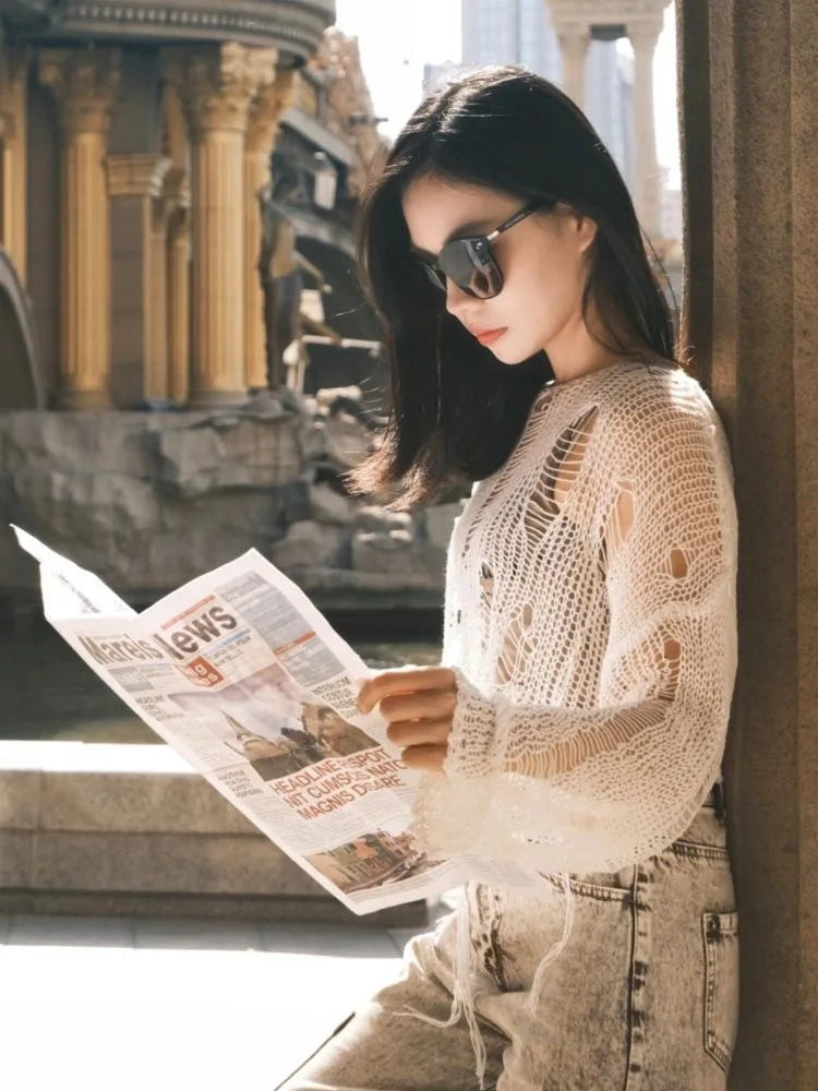Y2K Hollow-Out Crop Sweater
