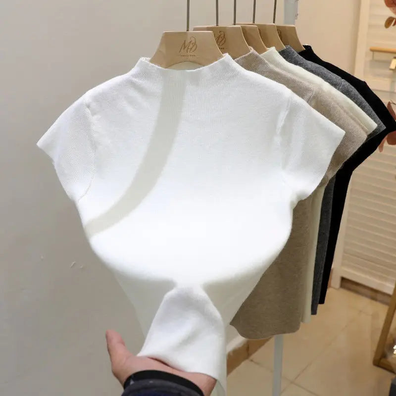 Slim Short-Sleeve Turtleneck Knit Top