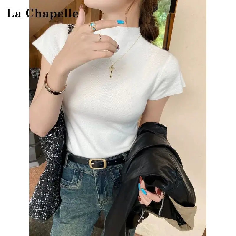 Slim Short-Sleeve Turtleneck Knit Top