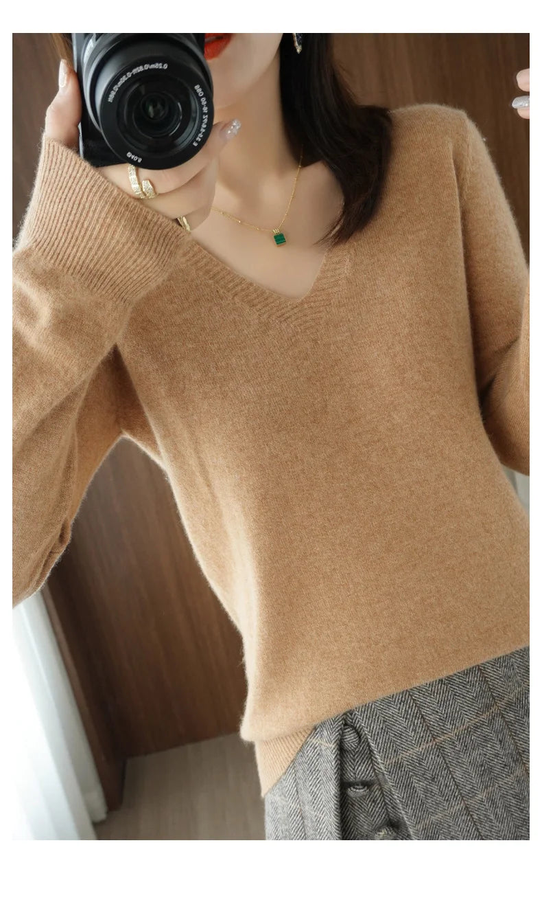 Lace-Neck Hollow-Out V-Neck Knit Pullover