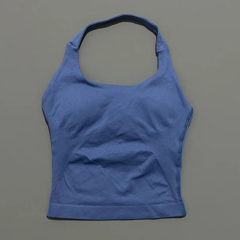HISTELLO Impact Halter Top Seamless Longline Strappy Gym Tank Top Women Yoga Clothing Workout Fitness Sportswear Pilates Vest