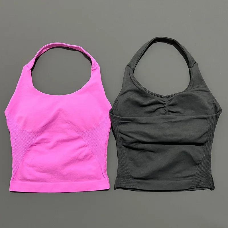 HISTELLO Impact Halter Top Seamless Longline Strappy Gym Tank Top Women Yoga Clothing Workout Fitness Sportswear Pilates Vest