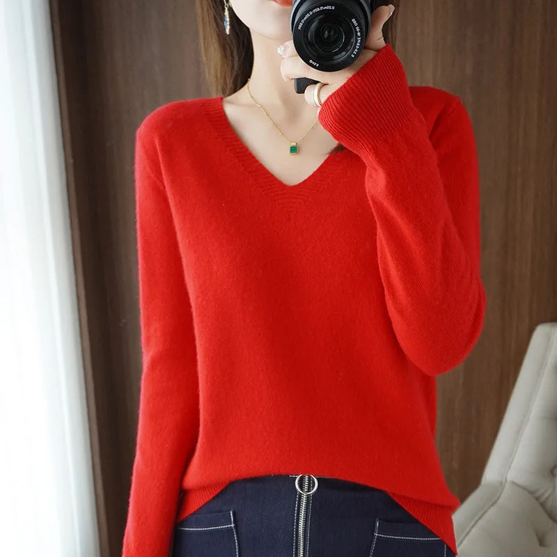 Lace-Neck Hollow-Out V-Neck Knit Pullover