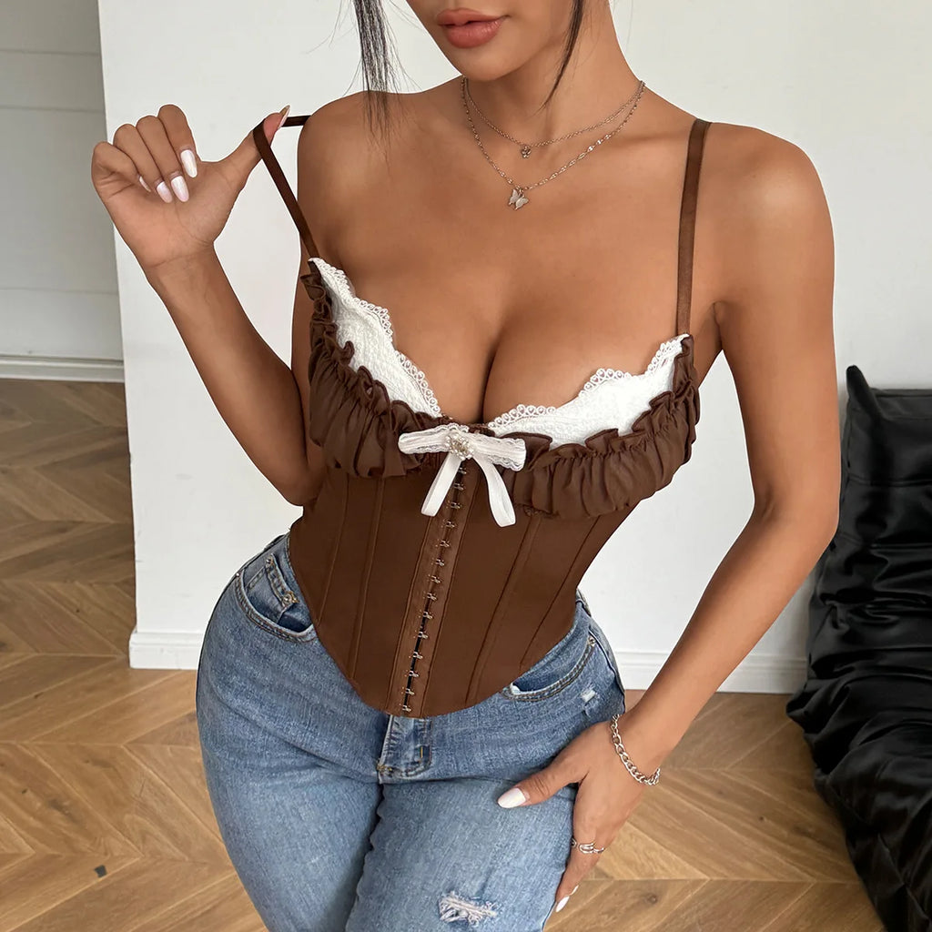 Sexy V Neck Y2K Crop Tops Lace Patchwork Pleated Bowknot Corset Top  Sexy Backless Slim Camisole Body Shape Fishbone Bustier