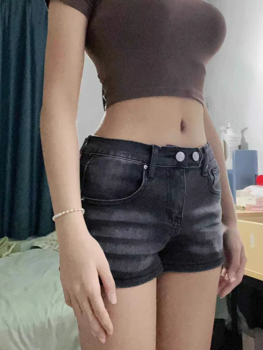Grey Low-Waist Mini Denim Shorts
