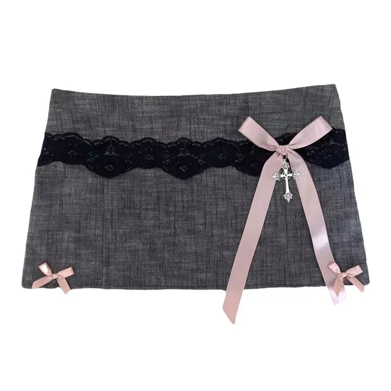 Saint Ivy Y2K Adjustable Waist Gothic Denim Mini Skirt