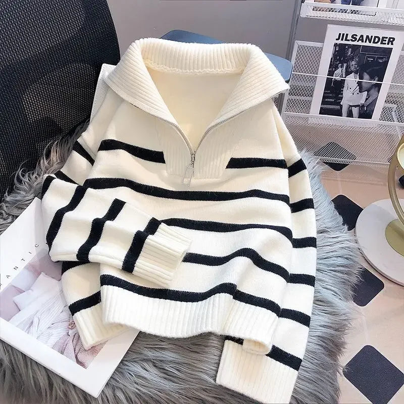 Striped Zip-Collar Knit Pullover