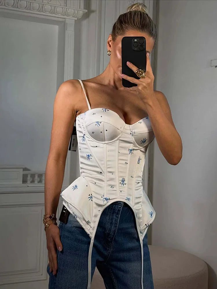 Floral Print Corset Cami Top Sweetheart Neckline Irregular Hem 2026 Summer Casual Women Bustier Fashion Versatile Lady Outwear