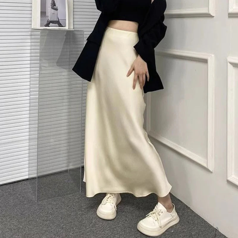 Summer Girls Solid Color Acetate Satin Skirts Lady Korean Slim Fit Thin Dress Female Classic High Waist Mid-Long Skirts