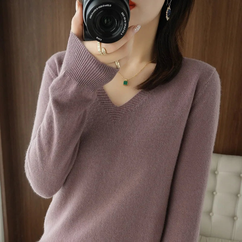 Lace-Neck Hollow-Out V-Neck Knit Pullover