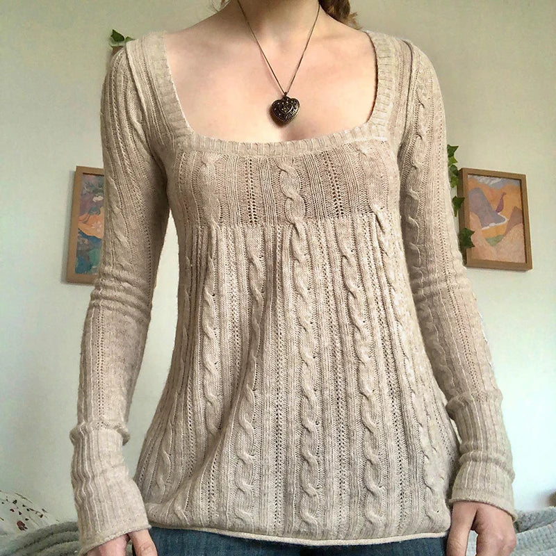 Y2K Babydoll Square-Neck Knit Pullover