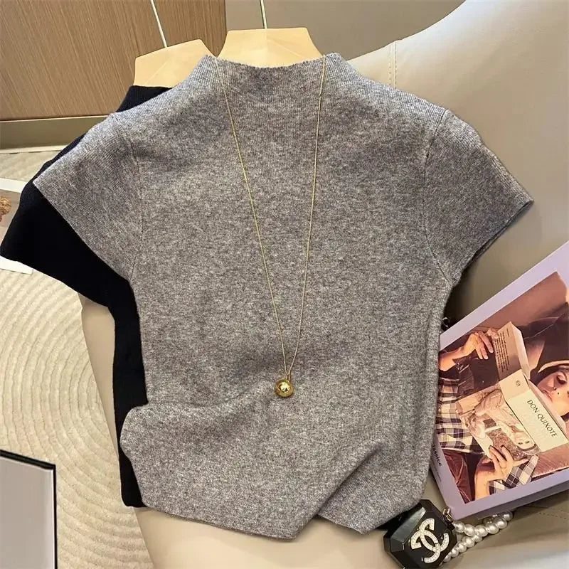 Slim Short-Sleeve Turtleneck Knit Top
