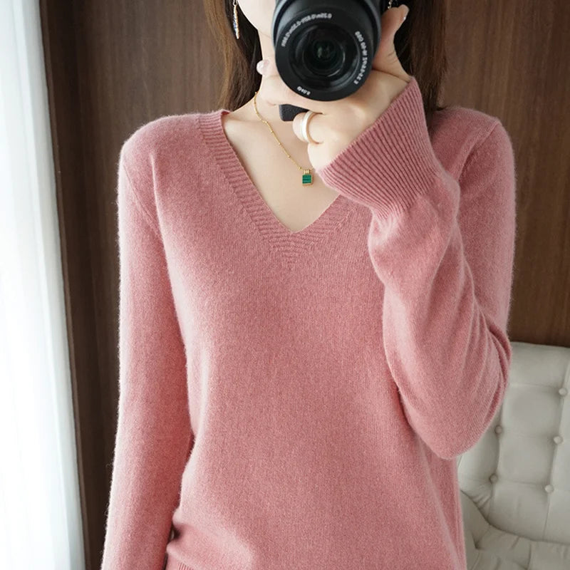 Lace-Neck Hollow-Out V-Neck Knit Pullover