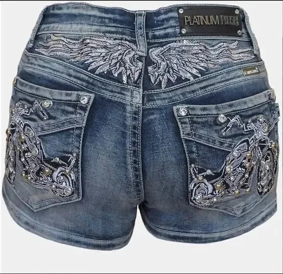 Moto Wing Rivet Embroidered Denim Shorts
