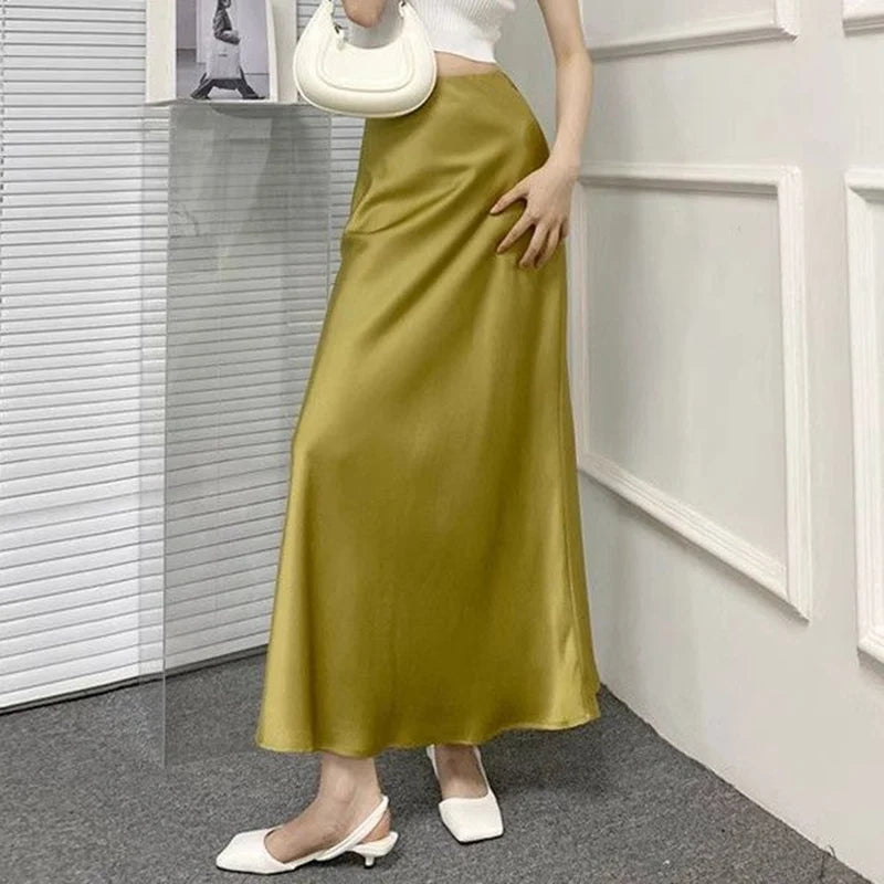 Summer Girls Solid Color Acetate Satin Skirts Lady Korean Slim Fit Thin Dress Female Classic High Waist Mid-Long Skirts