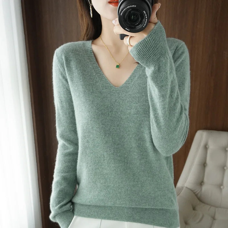 Lace-Neck Hollow-Out V-Neck Knit Pullover