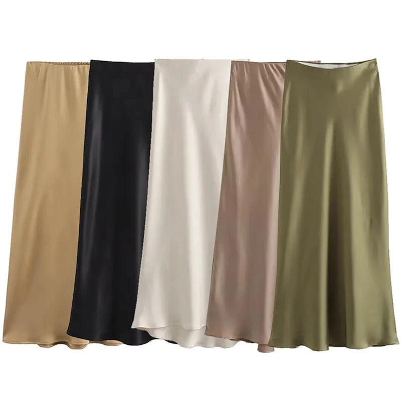 Summer Girls Solid Color Acetate Satin Skirts Lady Korean Slim Fit Thin Dress Female Classic High Waist Mid-Long Skirts