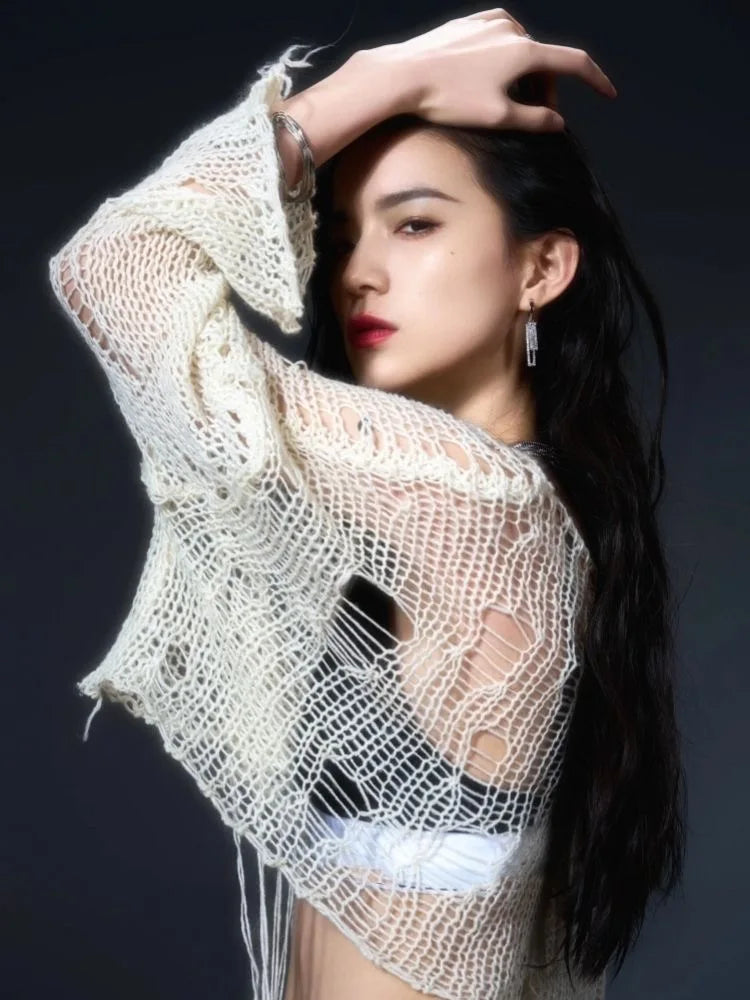 Y2K Hollow-Out Crop Sweater