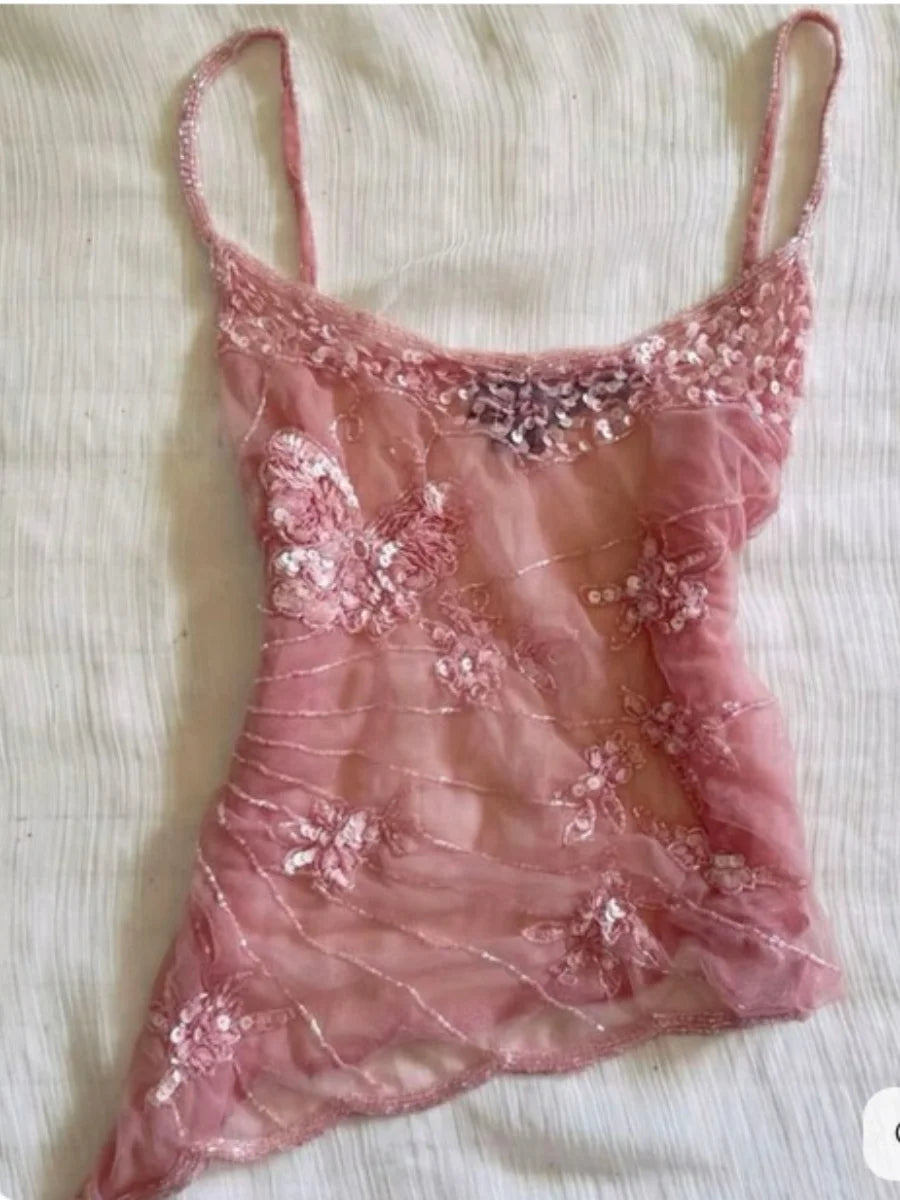 Fairy Y2K Lace Top Aesthetic Sexy Mesh Sheer Crop Top 90s Vintage Milkmaid Vest Chic Women Retro Streetwear
